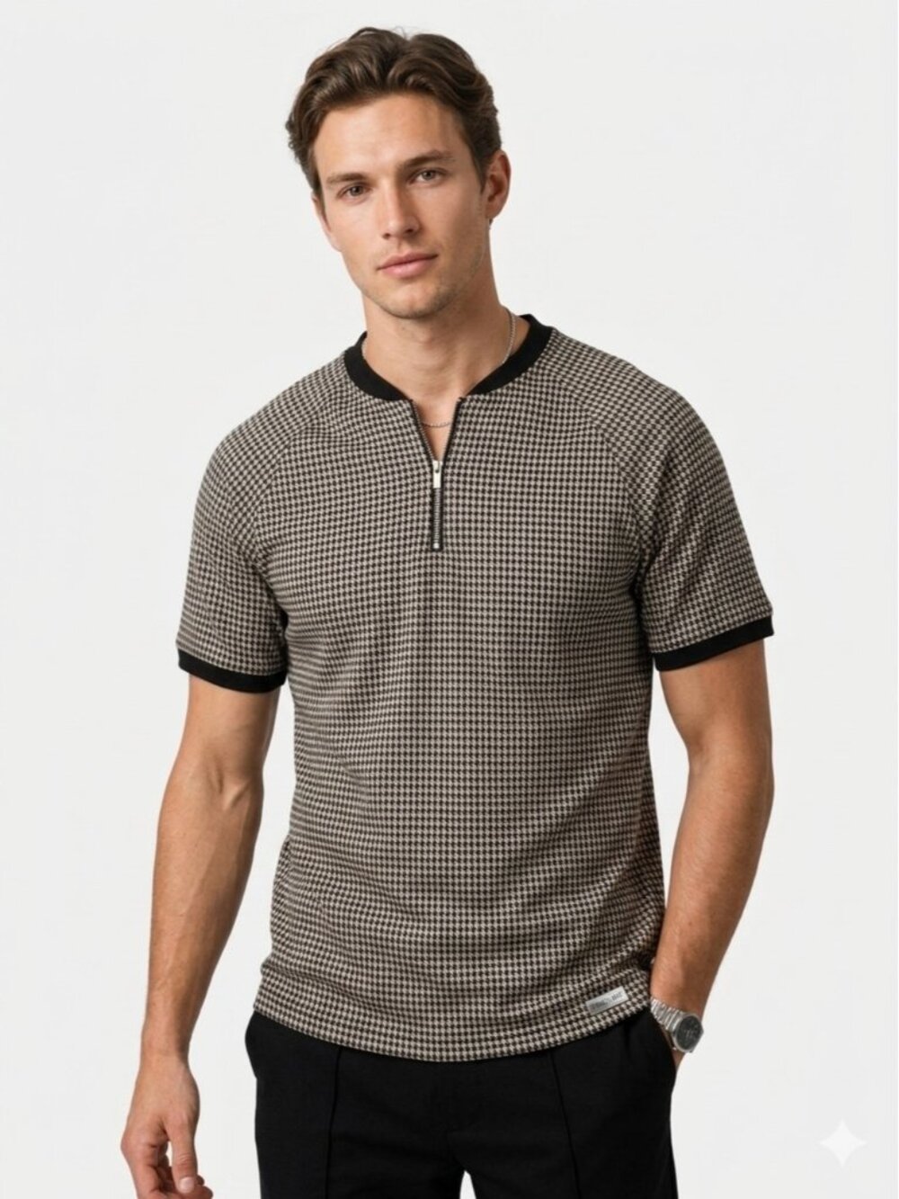 MAUVAIS Mens Houndstooth Quarter Zip Knit Polo Shirt Black Cream Medium - 615